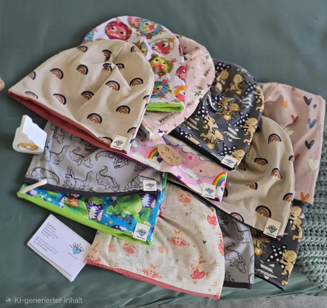 Bunter Stapel handgenähter Kindermützen und Beanies mit Dinos, Bären und Regenbogenmustern