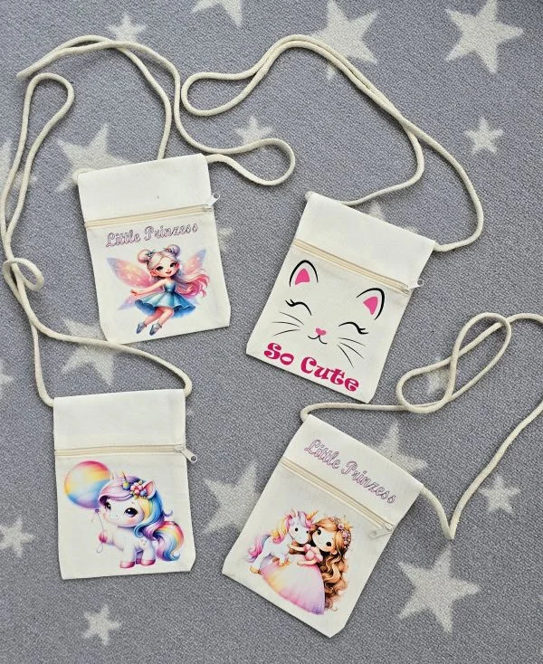 Bedruckte Brustbeutel für Kinder mit Einhorn- und Katzen-Motiven