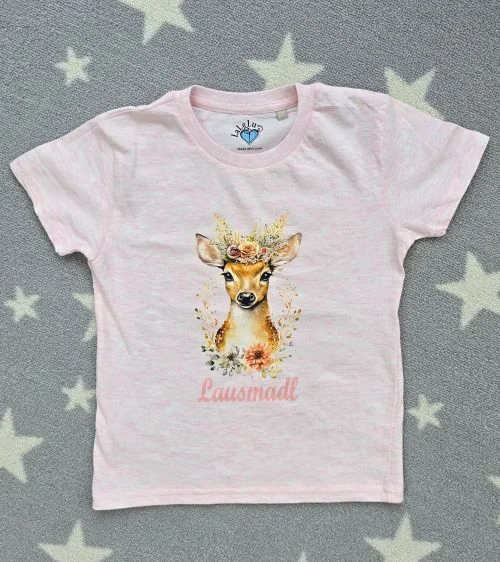 Rosa Mädchen T-Shirt mit Hirsch und Lausmadl-Schriftzug